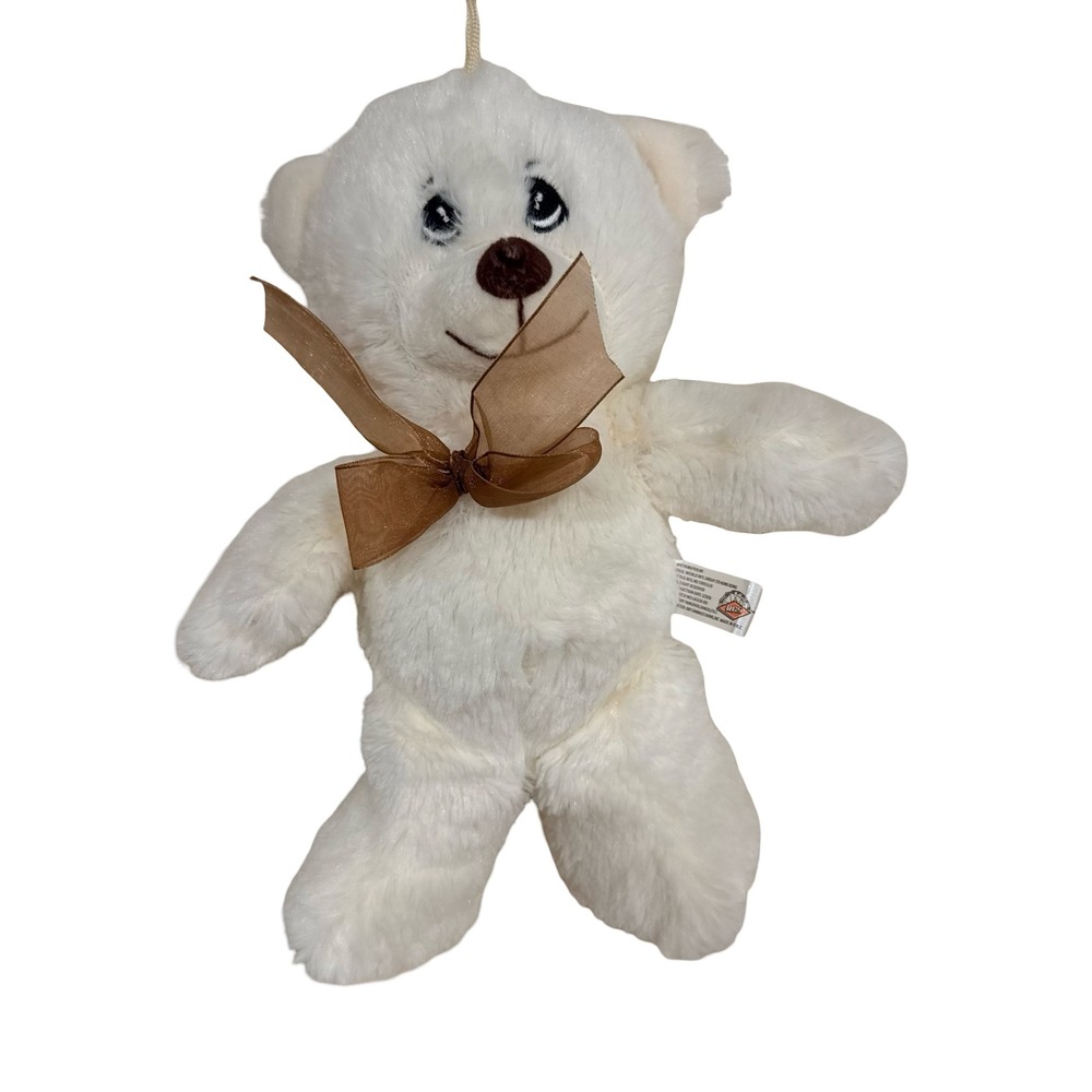 Teddy Bear White Plush Brown Bow Kids 10"